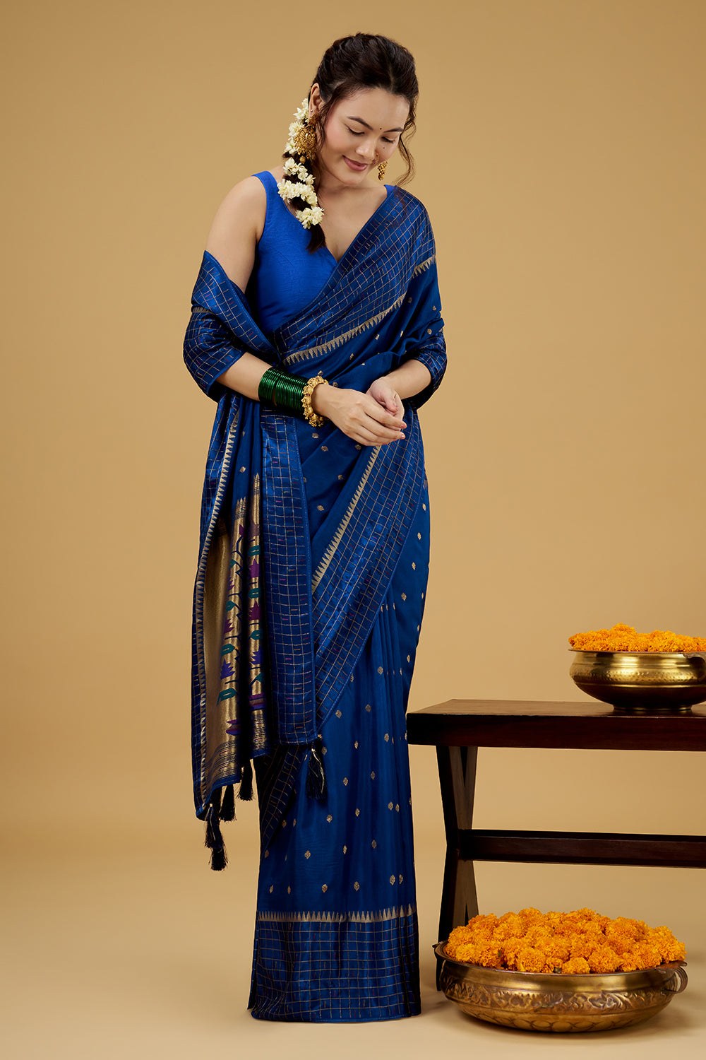 Royal Blue Satin Silk Saree with Zari Work
