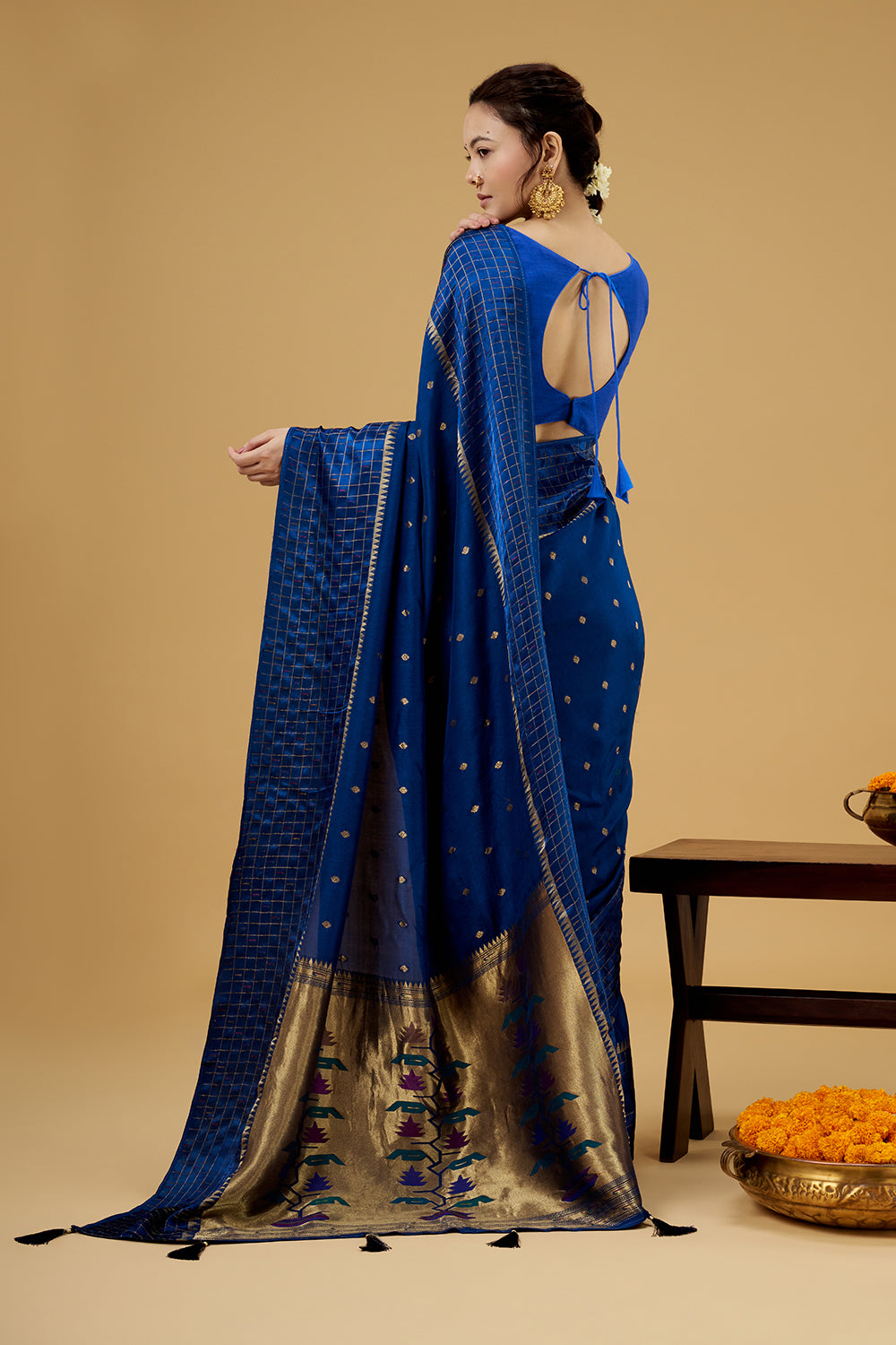 Royal Blue Satin Silk Saree with Zari Work