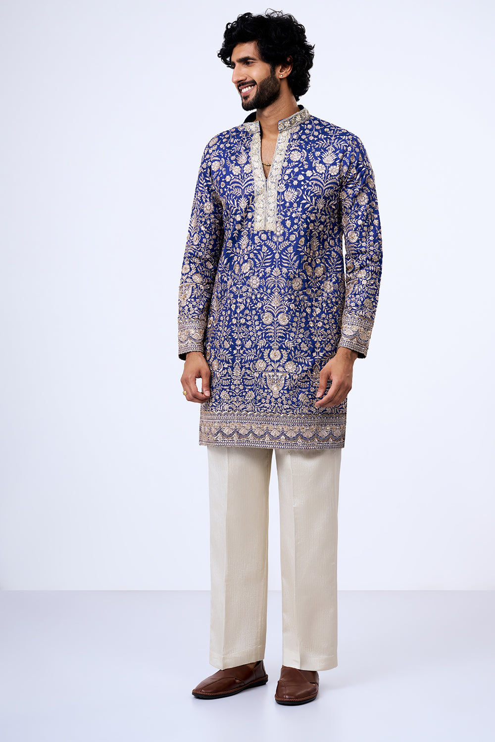 Royal Blue Silk Blend Floral Jaal Embellished Kurta Set