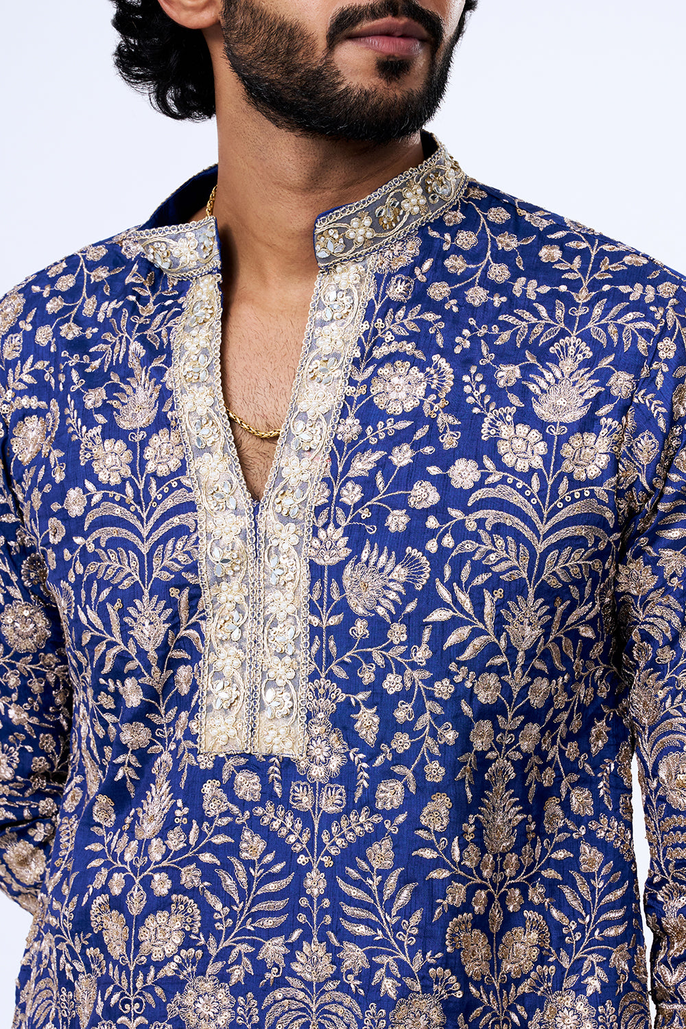 Royal Blue Silk Blend Floral Jaal Embellished Kurta Set