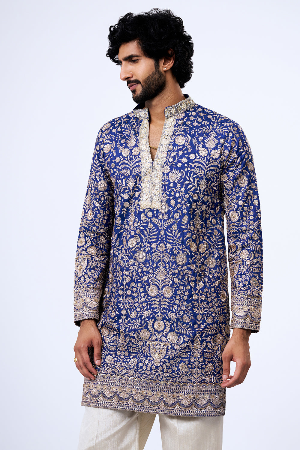 Royal Blue Silk Blend Floral Jaal Embellished Kurta Set
