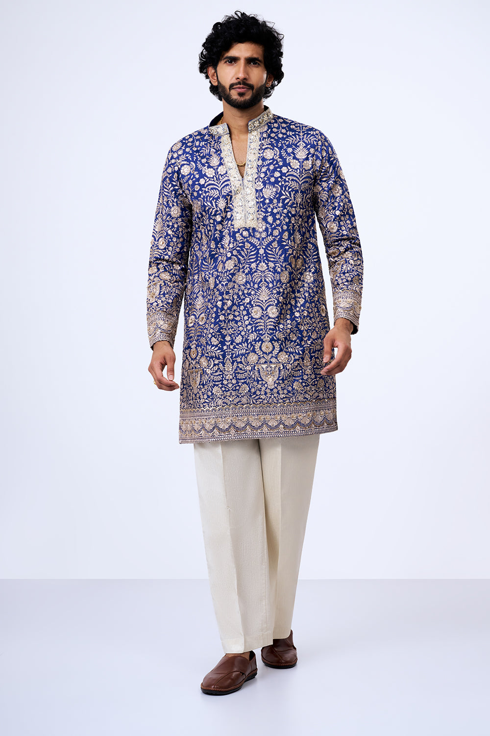 Royal Blue Silk Blend Floral Jaal Embellished Kurta Set