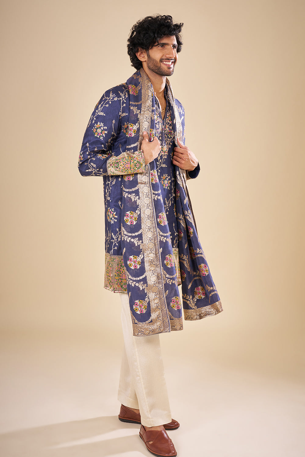 Royal Blue Silk Floral Kurta Set