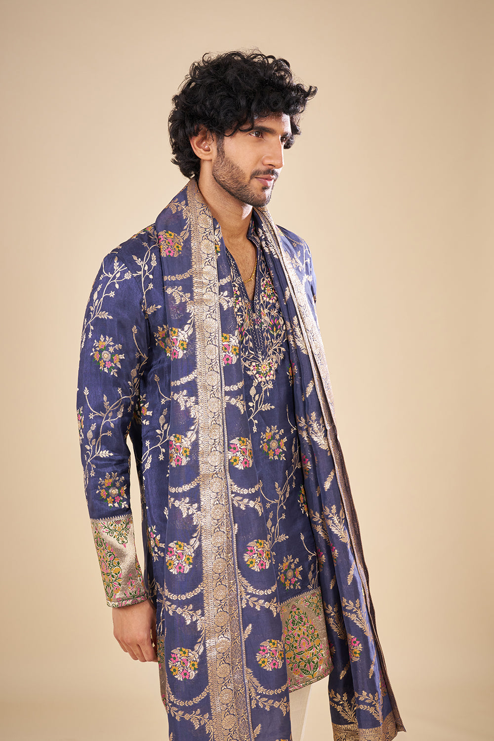 Royal Blue Silk Floral Kurta Set