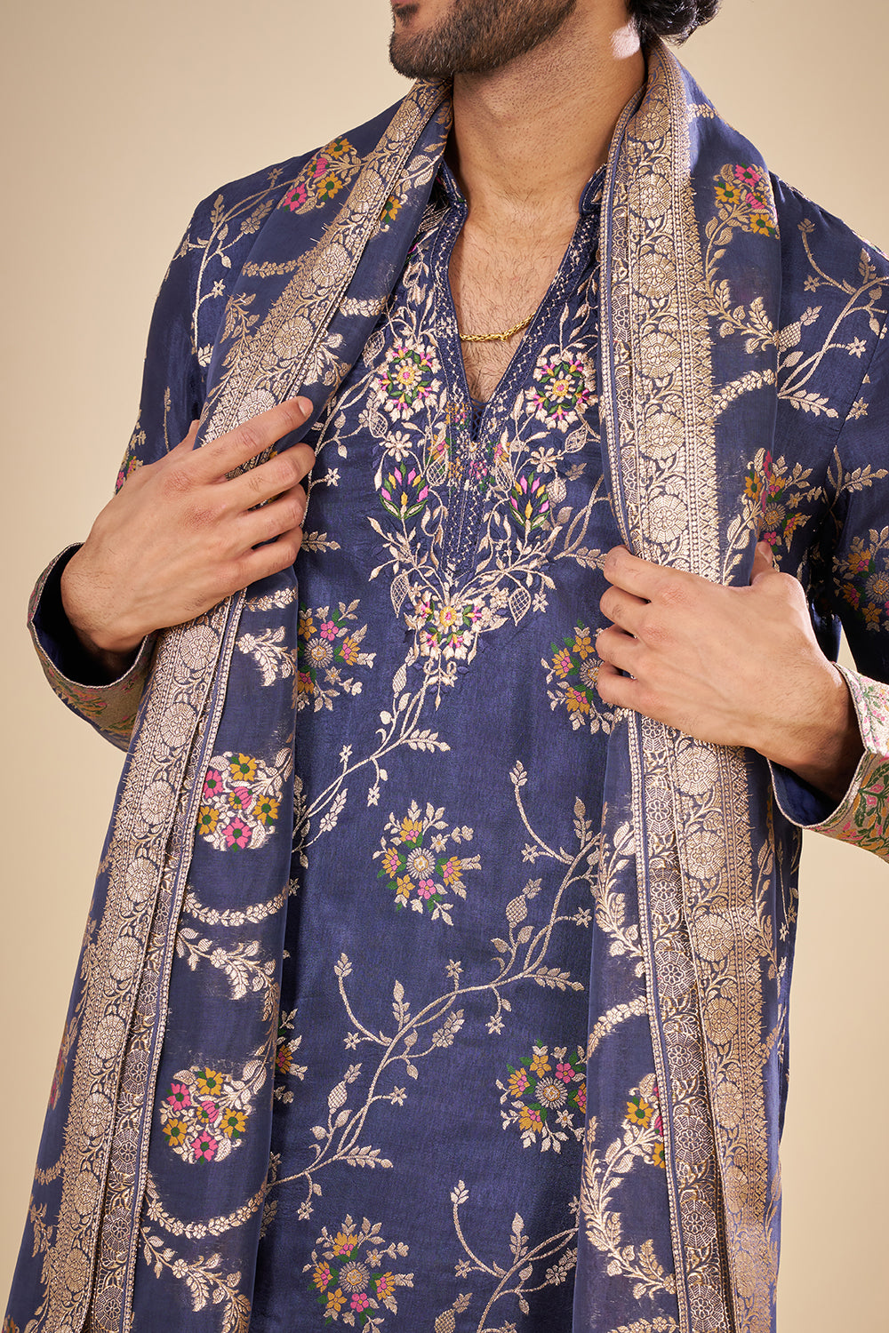 Royal Blue Silk Floral Kurta Set