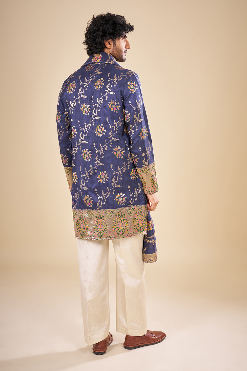 Royal Blue Silk Floral Kurta Set