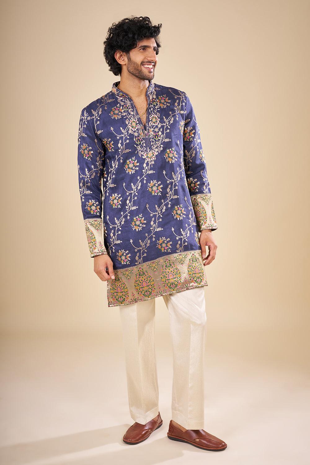Royal Blue Silk Floral Kurta Set