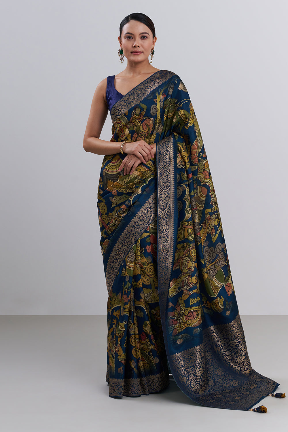 Royal Blue Tussar Silk Printed Saree And Unstitched Blouse
