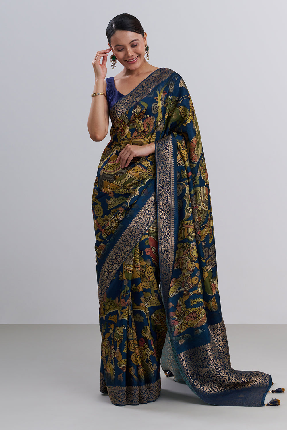 Royal Blue Tussar Silk Printed Saree And Unstitched Blouse