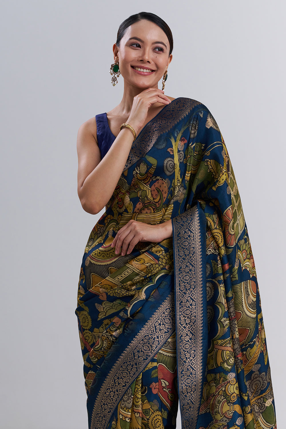Royal Blue Tussar Silk Printed Saree And Unstitched Blouse
