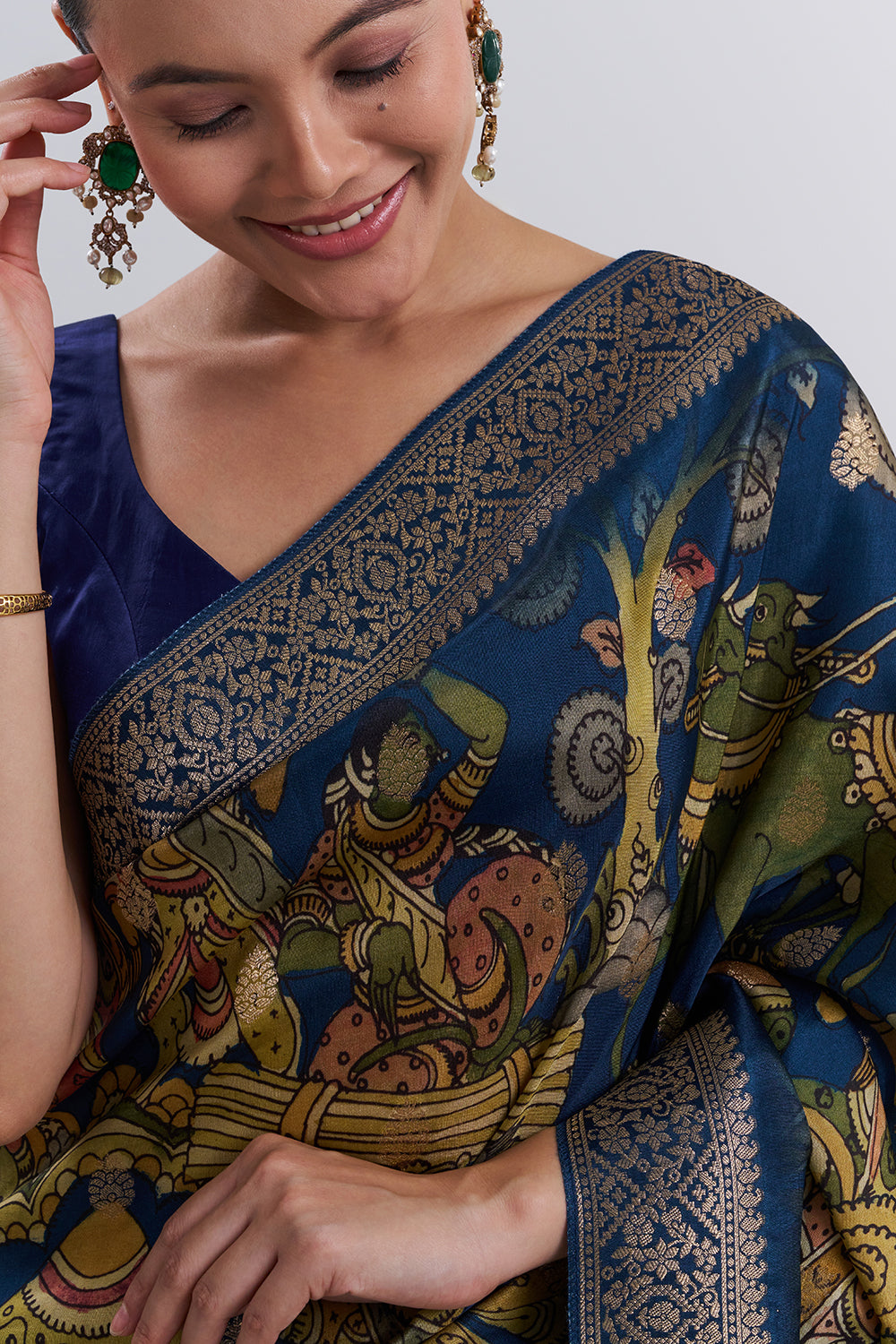 Royal Blue Tussar Silk Printed Saree And Unstitched Blouse