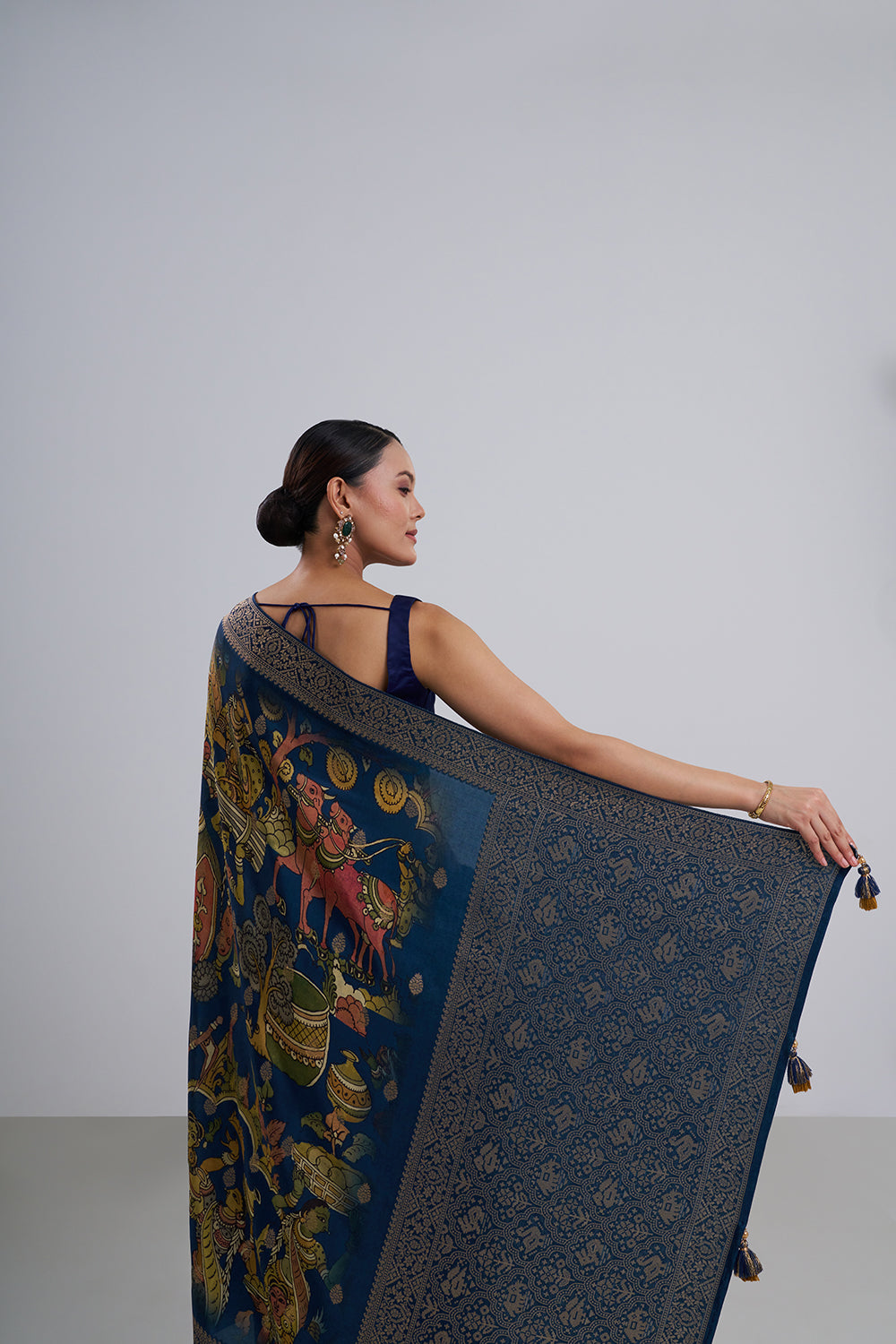 Royal Blue Tussar Silk Printed Saree And Unstitched Blouse