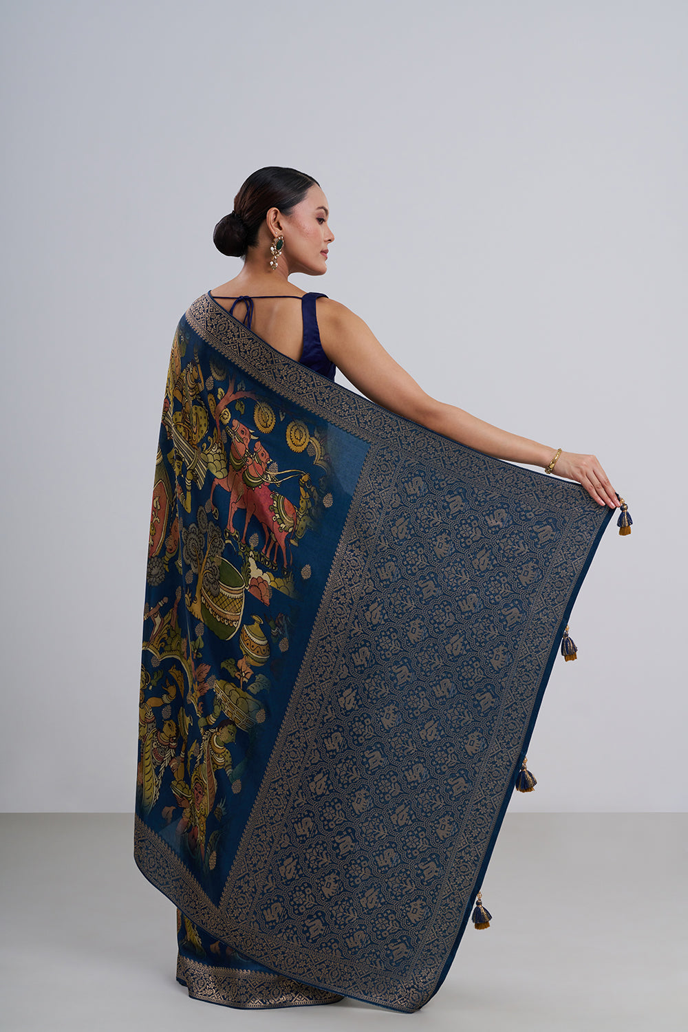 Royal Blue Tussar Silk Printed Saree And Unstitched Blouse