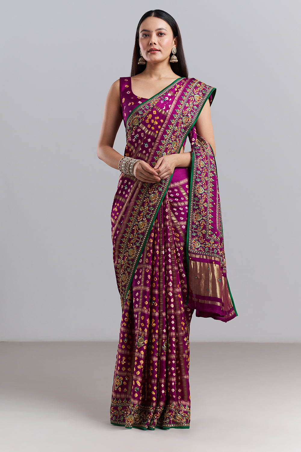 Deep Plum Bandhej Gharchola Embroidered Saree
