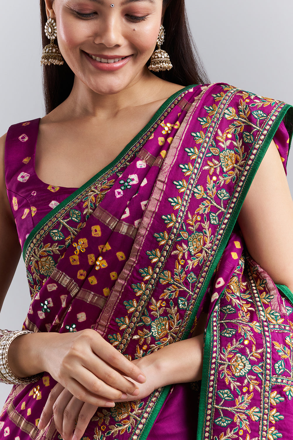 Deep Plum Bandhej Gharchola Embroidered Saree