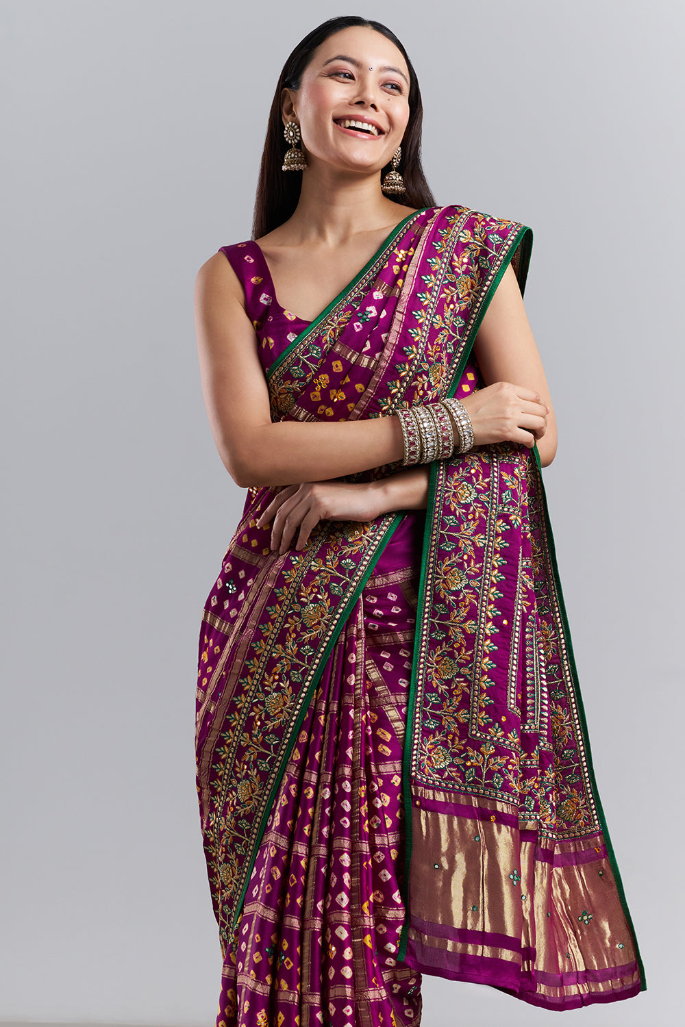 Deep Plum Bandhej Gharchola Embroidered Saree