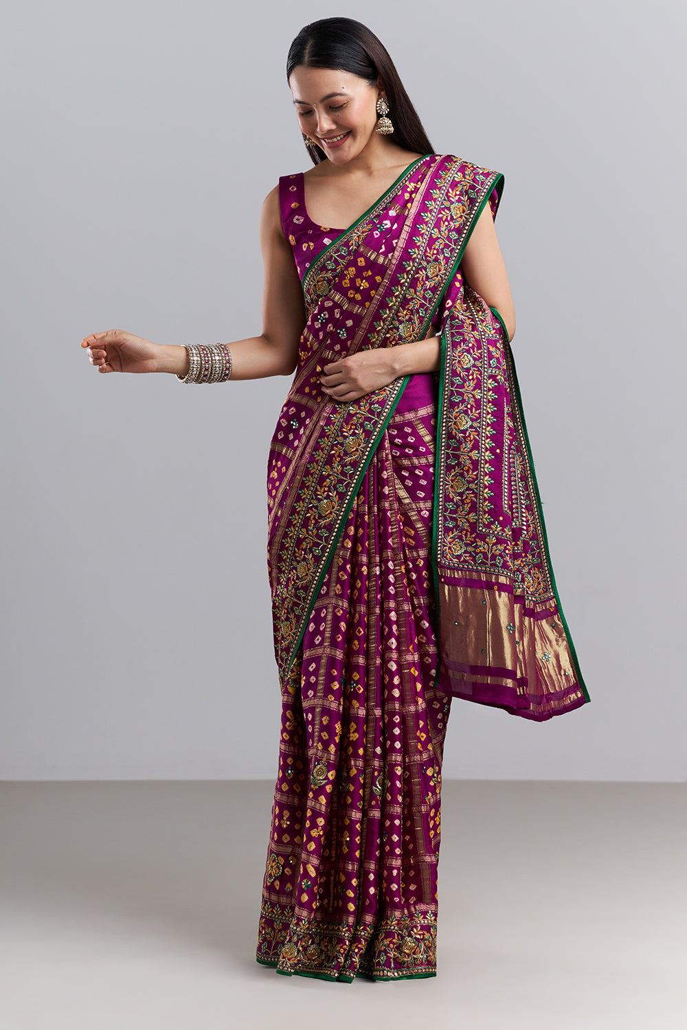 Deep Plum Bandhej Gharchola Embroidered Saree