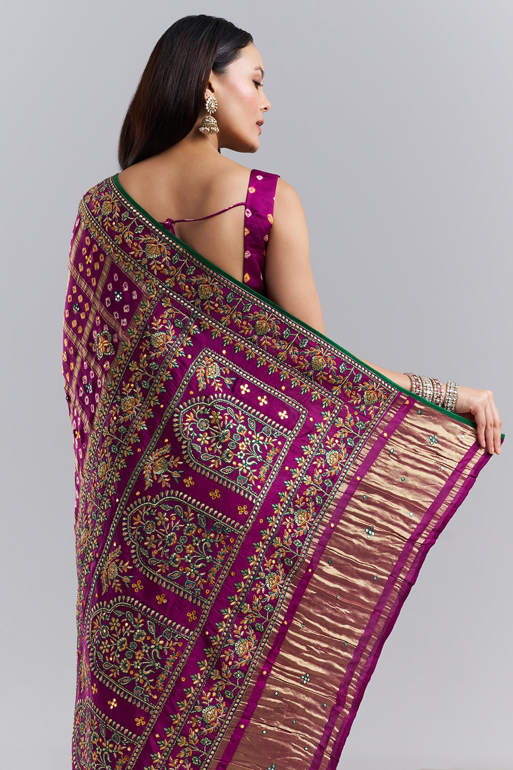 Deep Plum Bandhej Gharchola Embroidered Saree