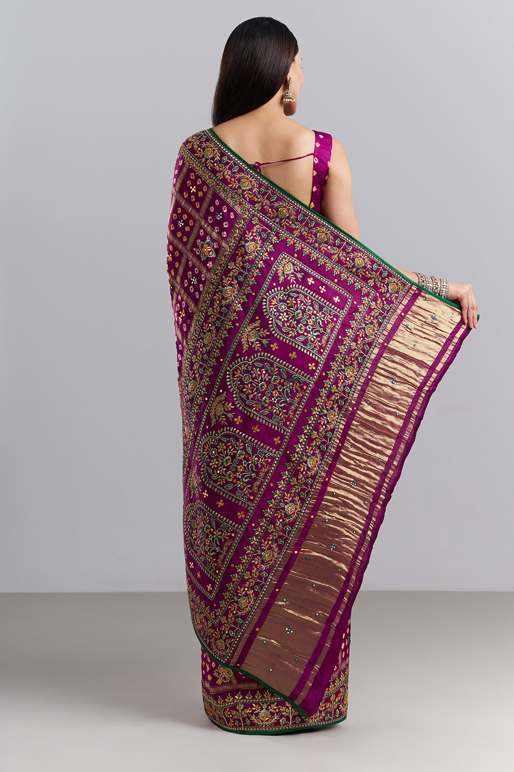 Deep Plum Bandhej Gharchola Embroidered Saree