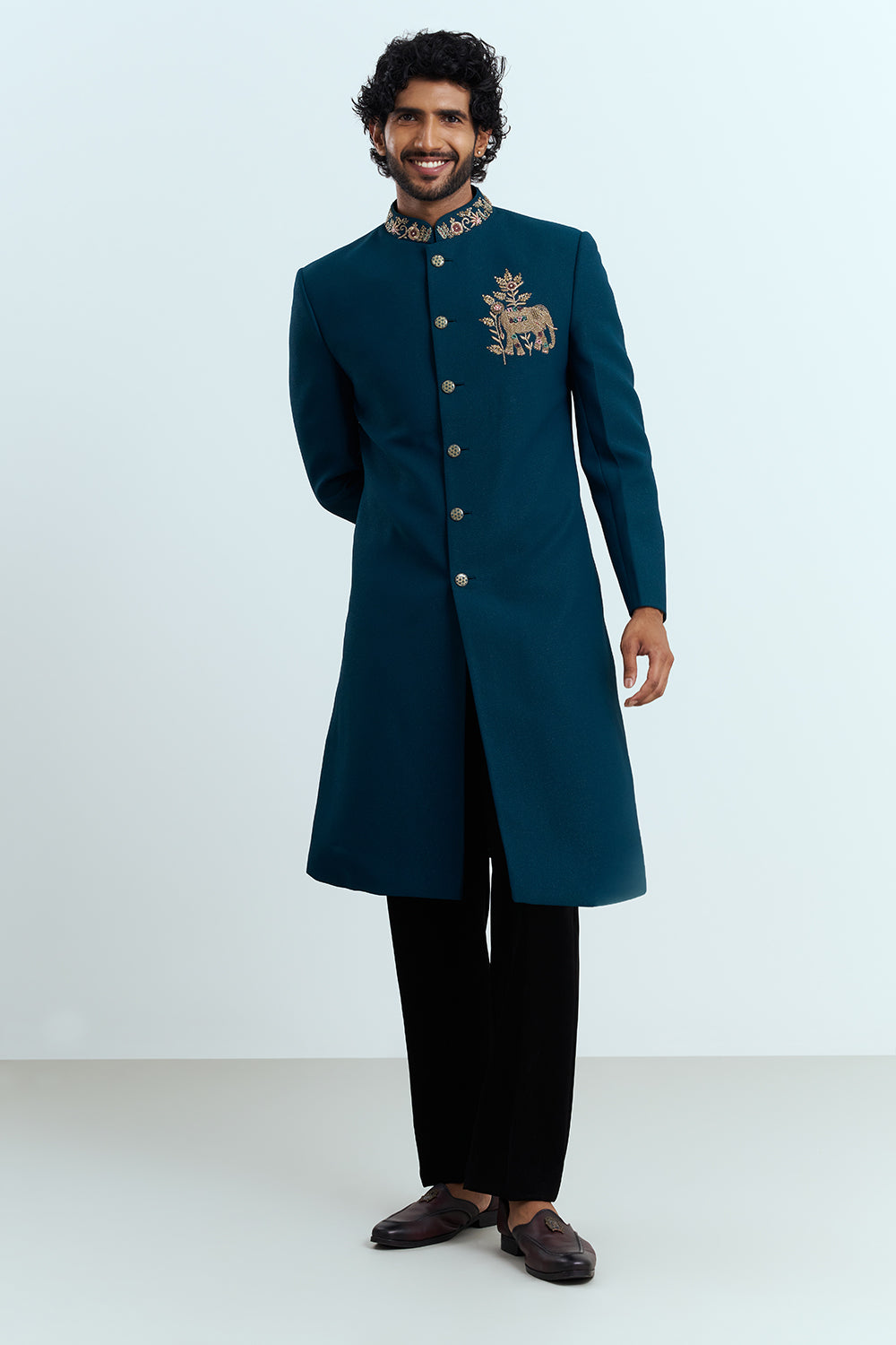 Royal Teal Embroidered Indo-Western Sherwani Set