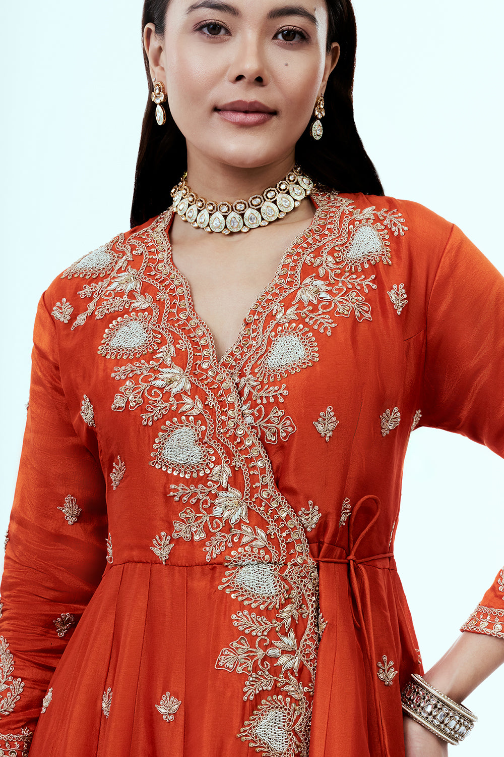 Rust Art Silk Angrakha Suit Set with Zardosi Work