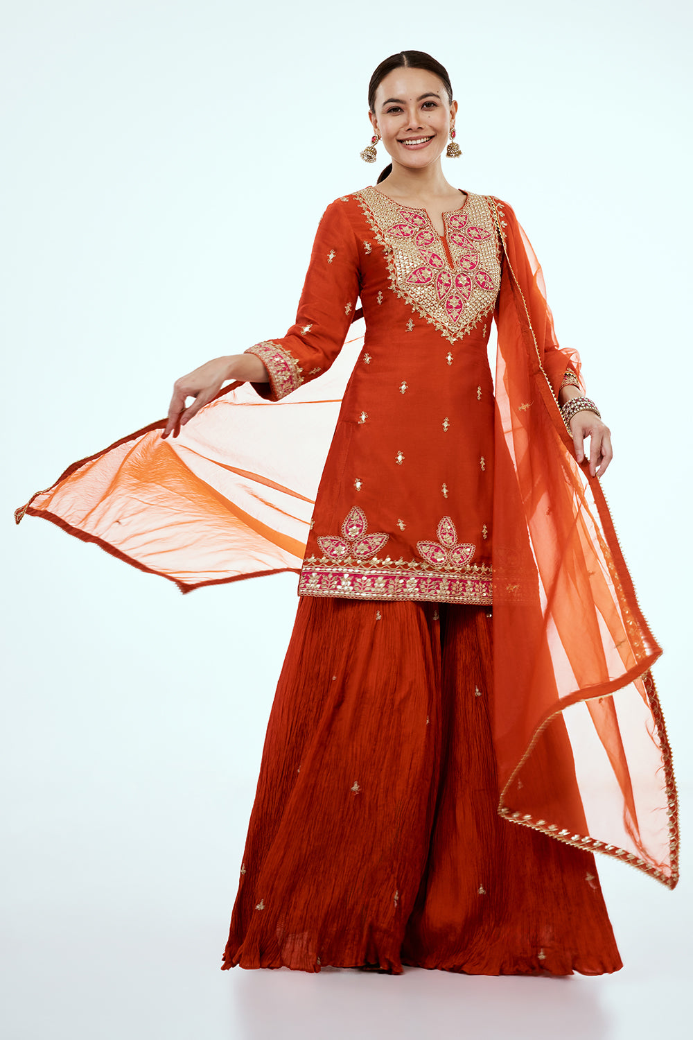 Rust Art Silk Palazzo Suit with Gota Work