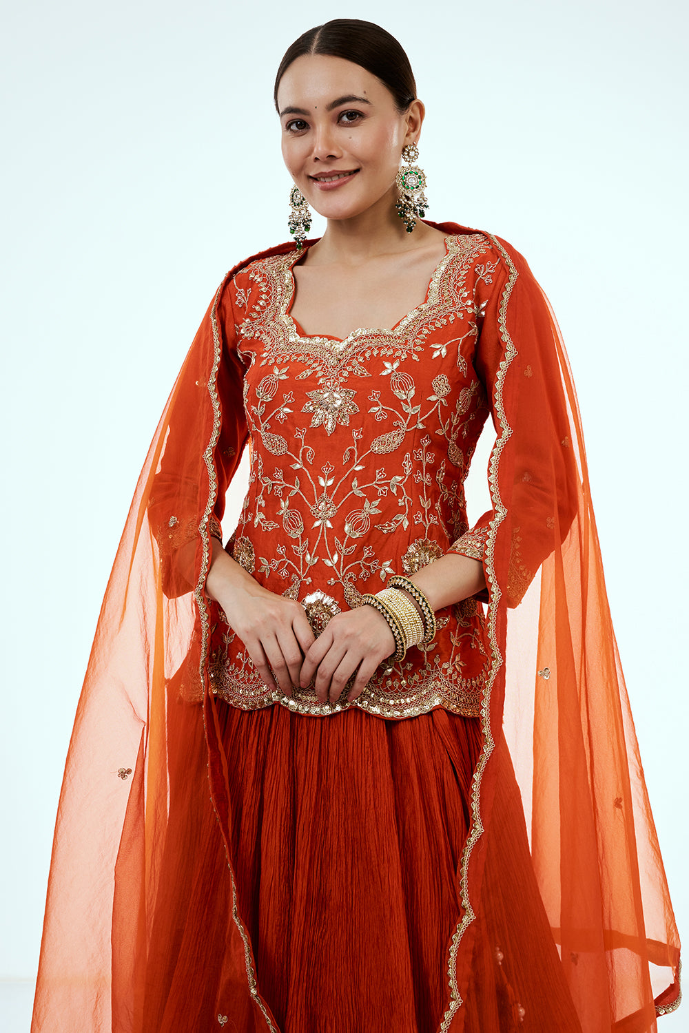 Rust Art Silk Skirt Set with Zardosi Work