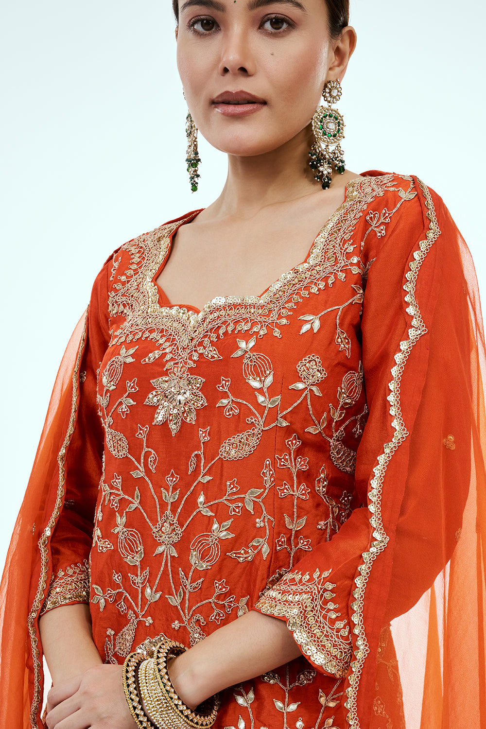 Rust Art Silk Skirt Set with Zardosi Work