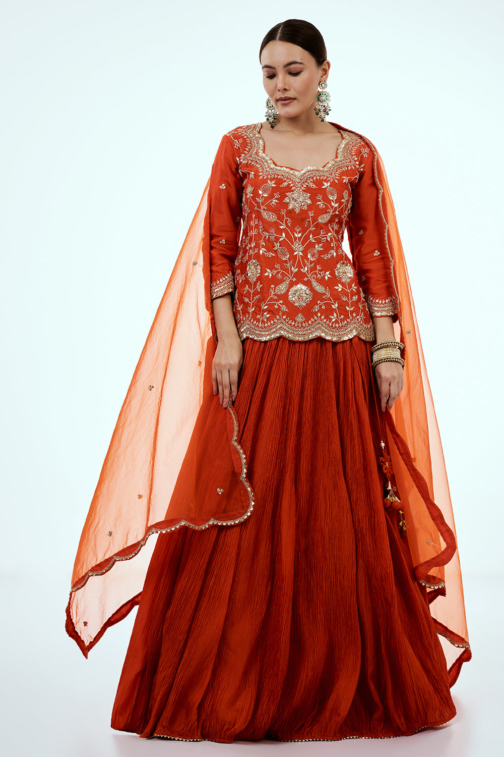 Rust Art Silk Skirt Set with Zardosi Work