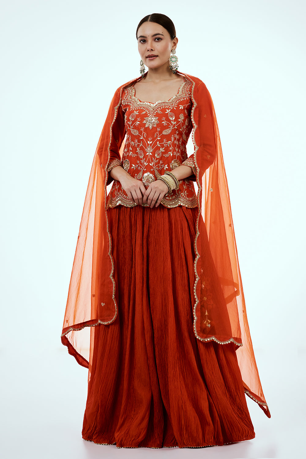 Rust Art Silk Skirt Set with Zardosi Work