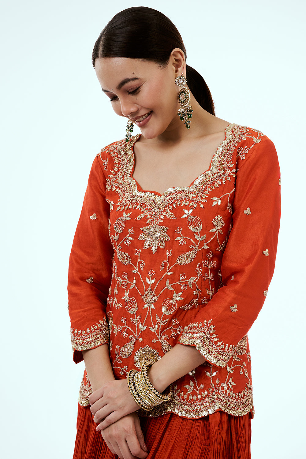 Rust Art Silk Skirt Set with Zardosi Work