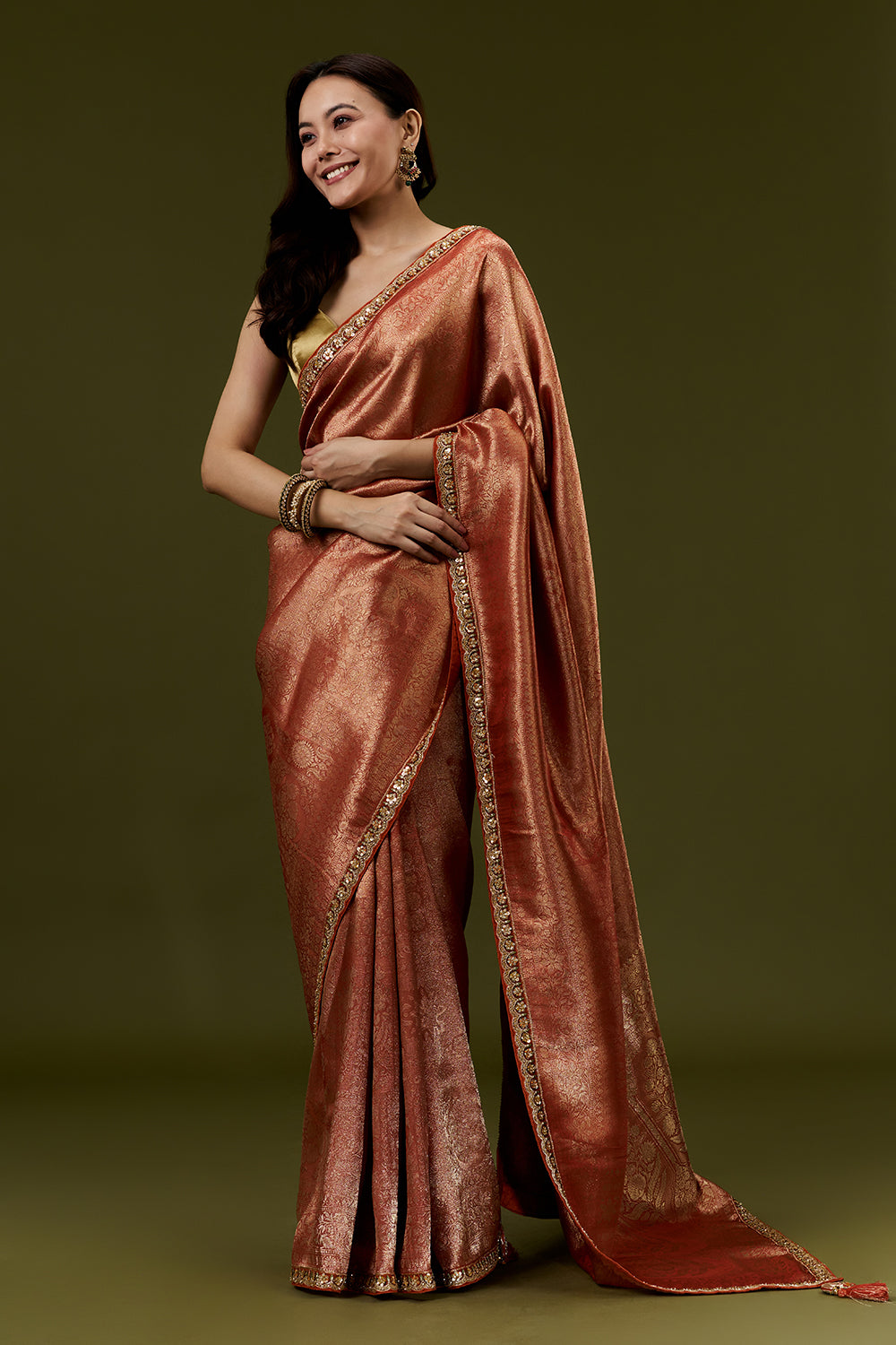Rust Banarasi Silk Woven Saree with Resham Embroidery