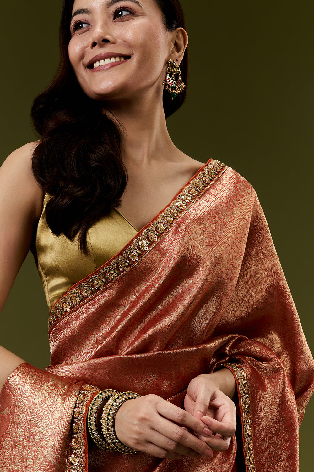 Rust Banarasi Silk Woven Saree with Resham Embroidery
