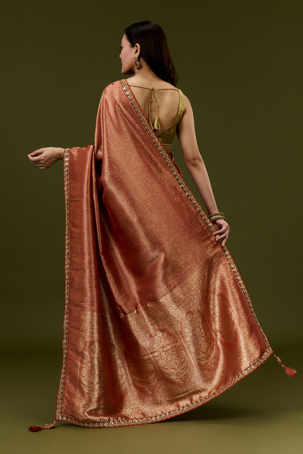 Rust Banarasi Silk Woven Saree with Resham Embroidery