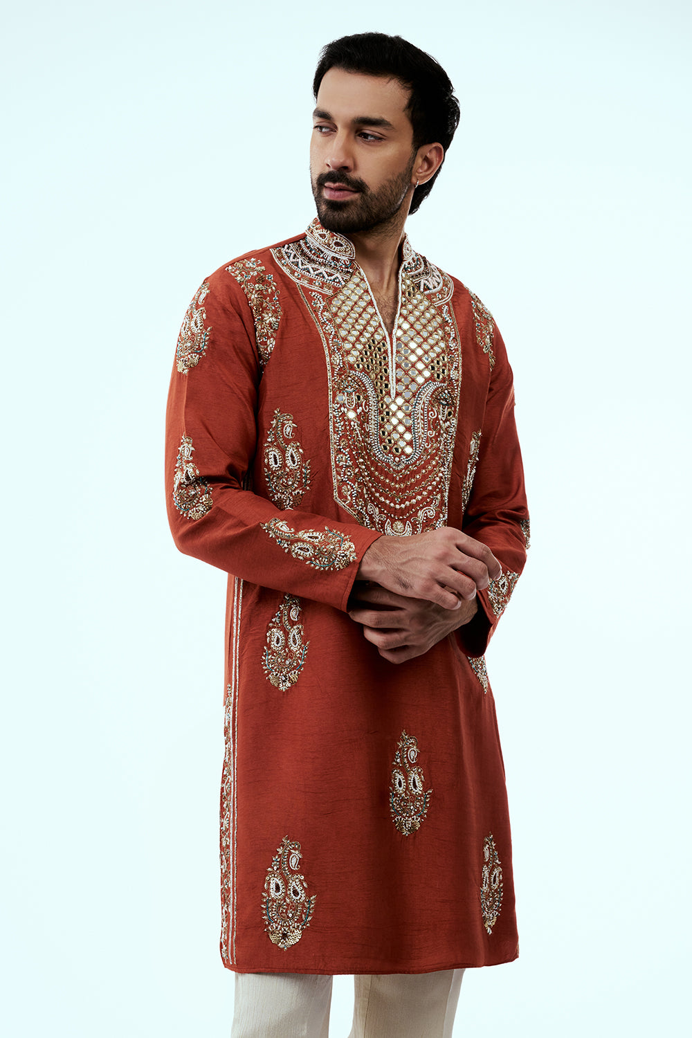Rust Chanderi Silk Mens Kurta Set with Mirror and Zardosi Handwork