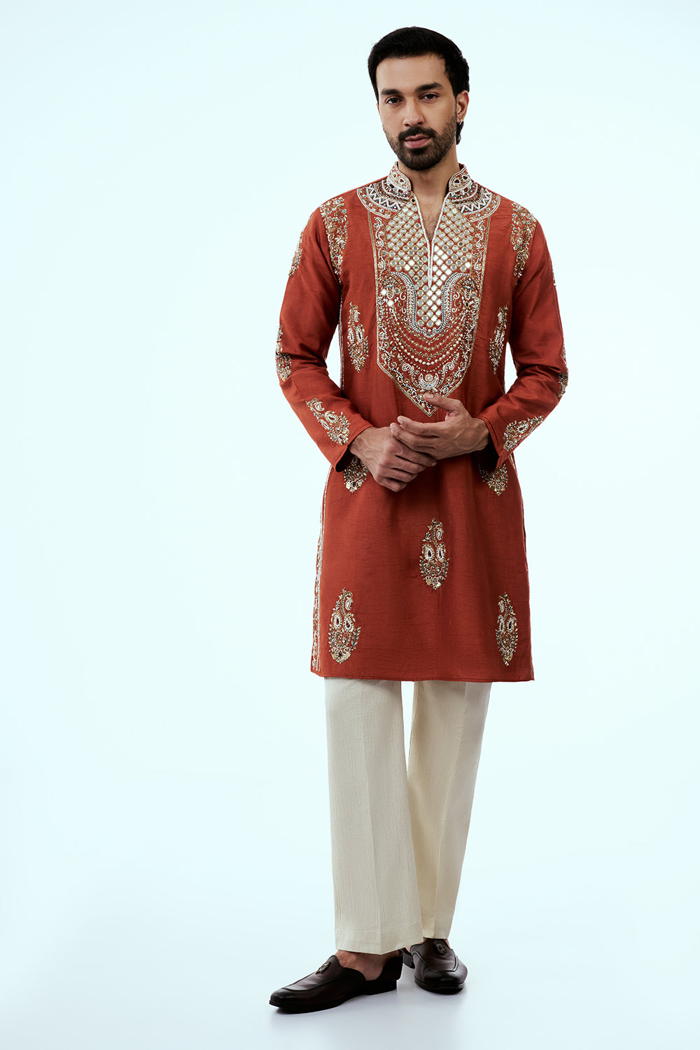 Rust Chanderi Silk Mens Kurta Set with Mirror and Zardosi Handwork