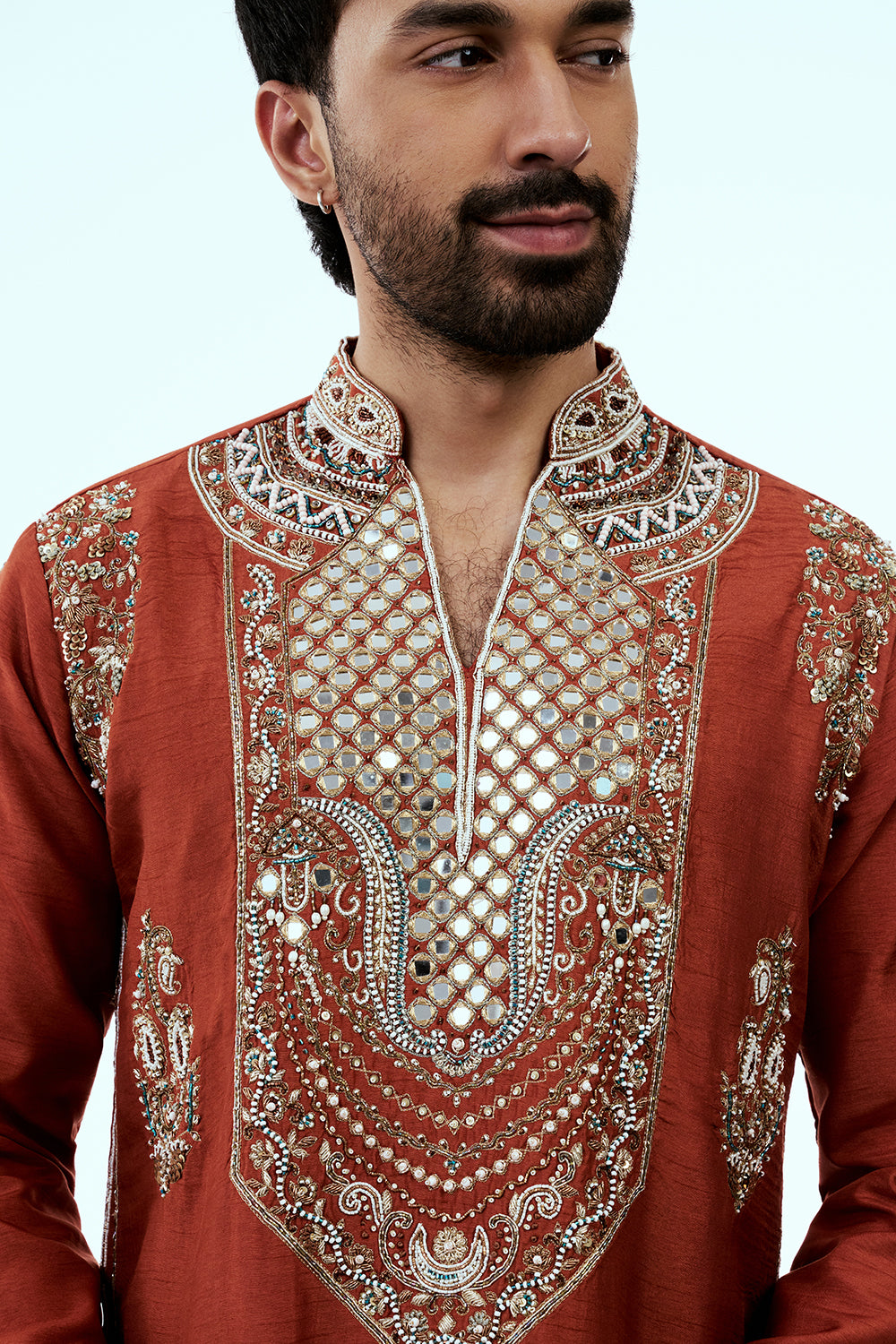 Rust Chanderi Silk Mens Kurta Set with Mirror and Zardosi Handwork