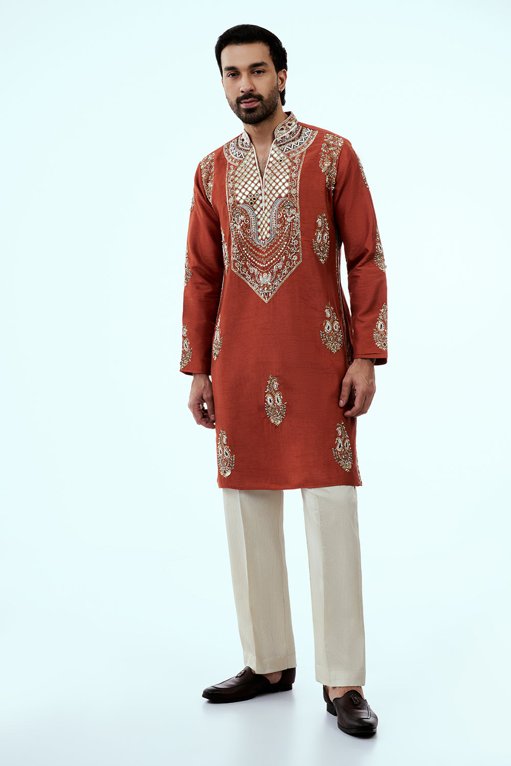 Rust Chanderi Silk Mens Kurta Set with Mirror and Zardosi Handwork