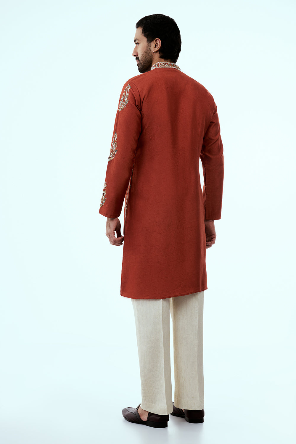 Rust Chanderi Silk Mens Kurta Set with Mirror and Zardosi Handwork