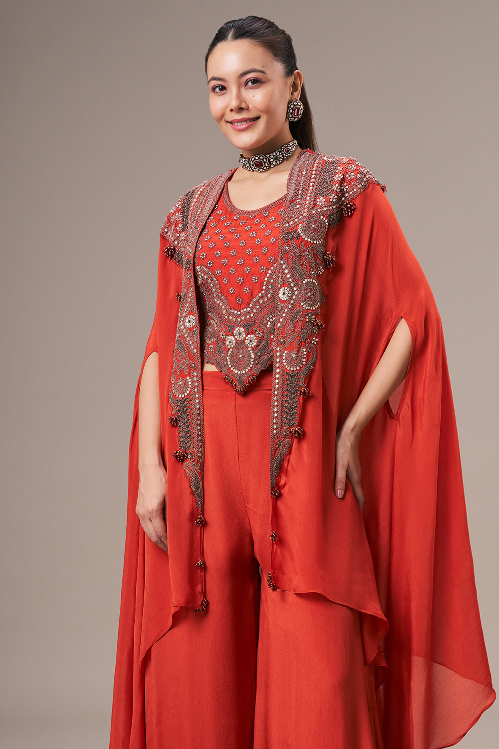 Rust Chinon Palazzo Suit with Sequin and Zari Work