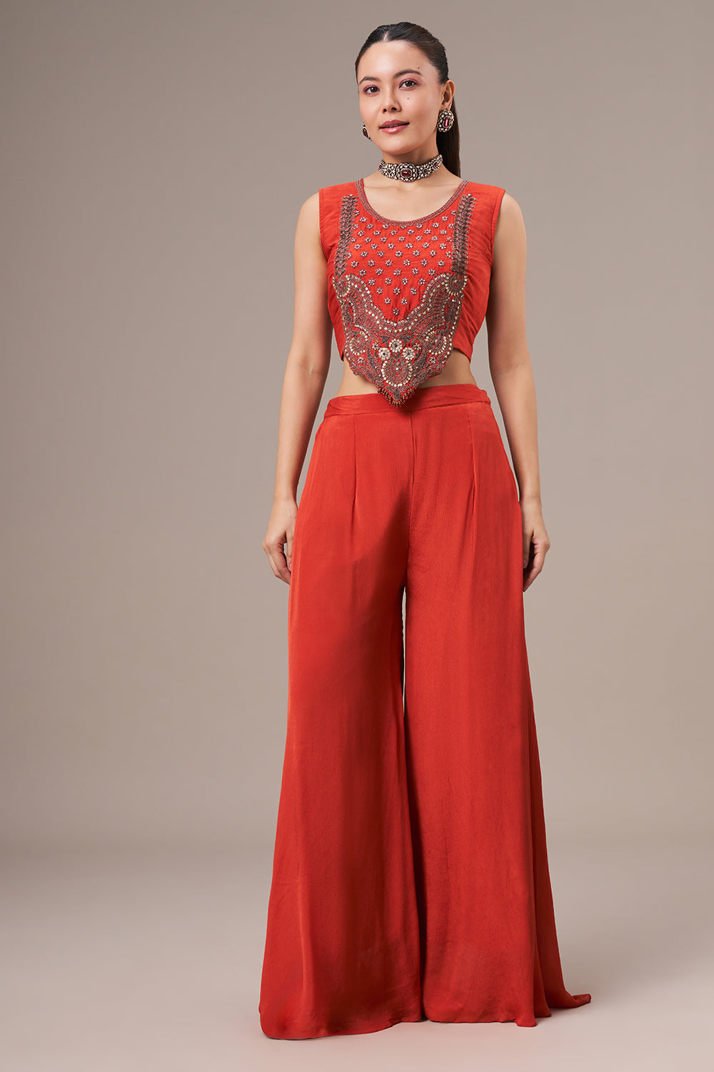 Rust Chinon Palazzo Suit with Sequin and Zari Work