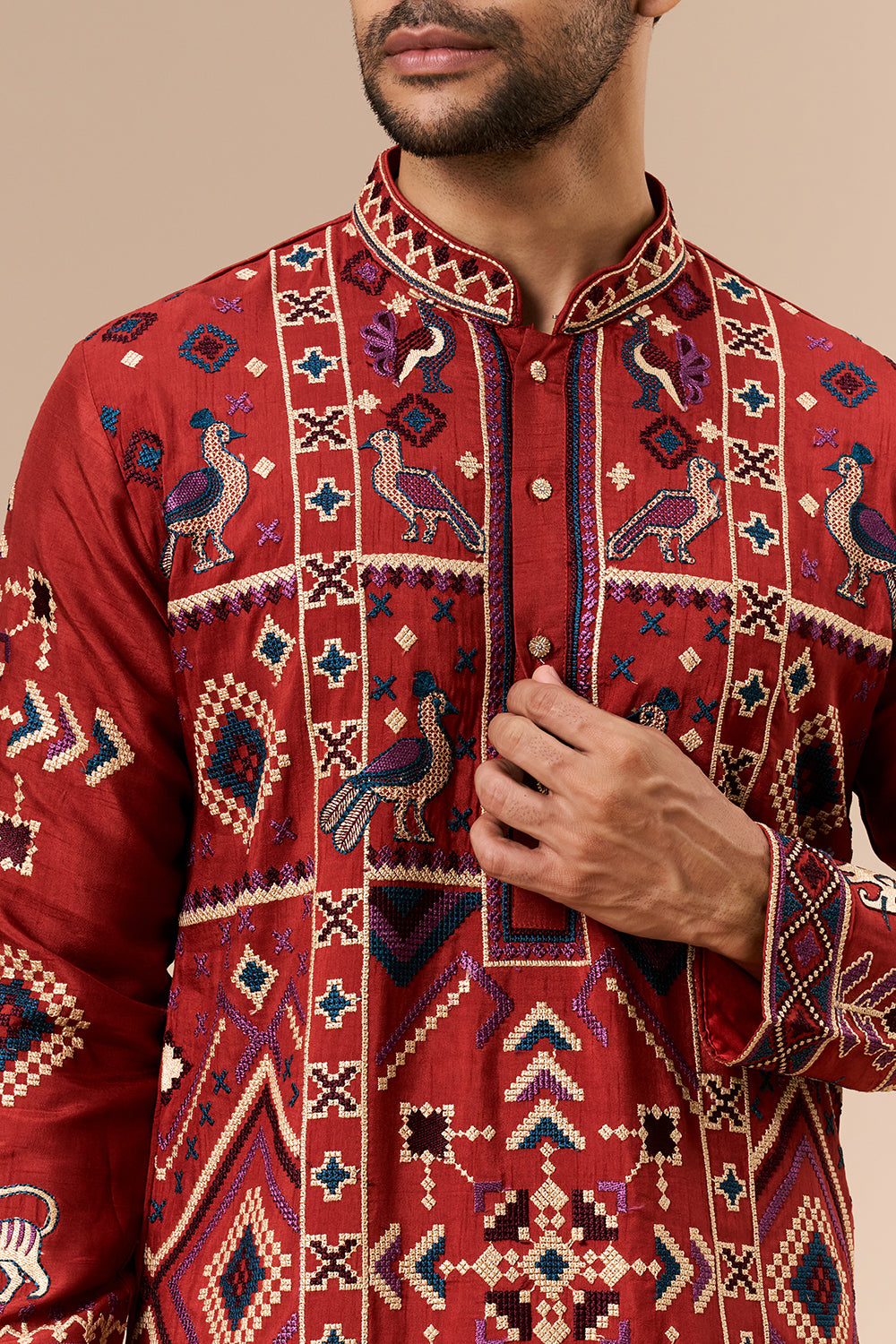 Rust Cotton Silk Mens Kurta Set with Multicolour Thread Work