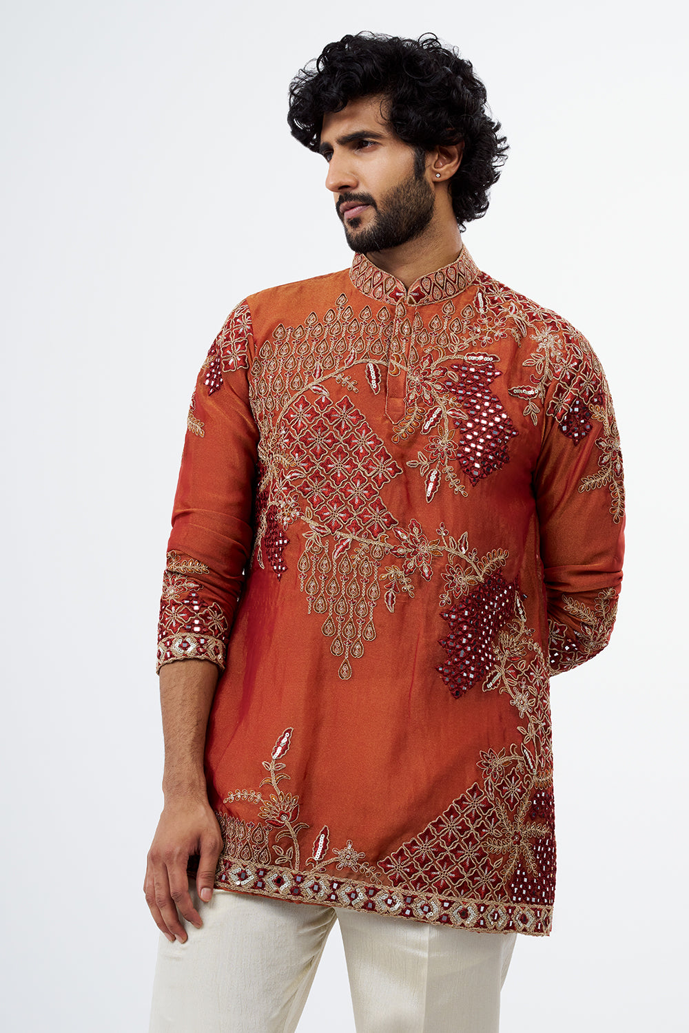 Rust Embroidered Men's Kurta Set