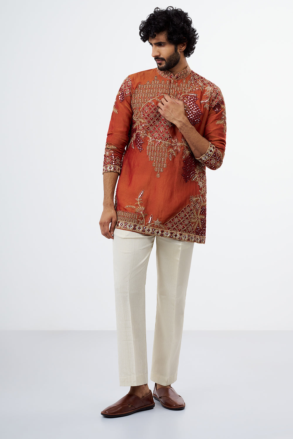 Rust Embroidered Men's Kurta Set