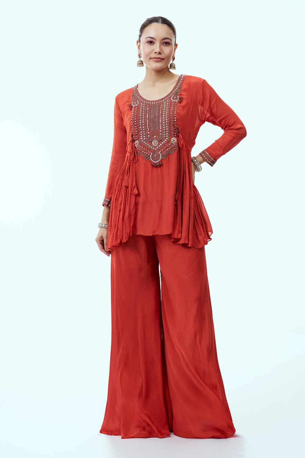 Rust Indo Western Set with Tribal Style Embroidery and Palazzo Pants