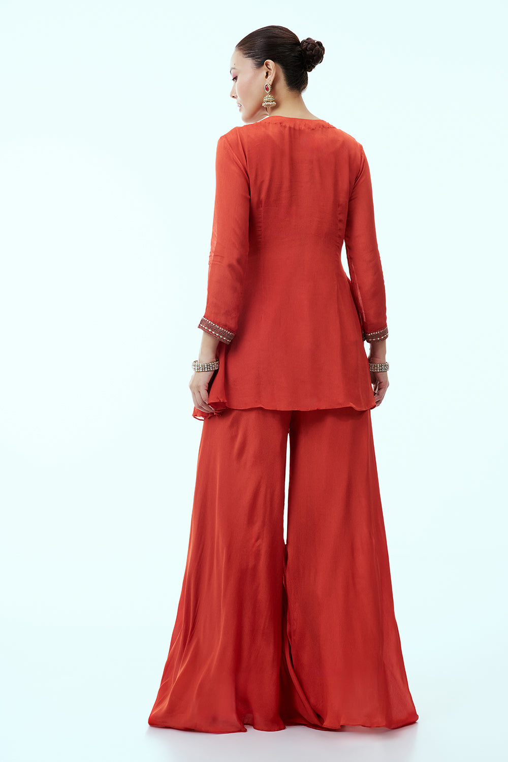 Rust Indo Western Set with Tribal Style Embroidery and Palazzo Pants