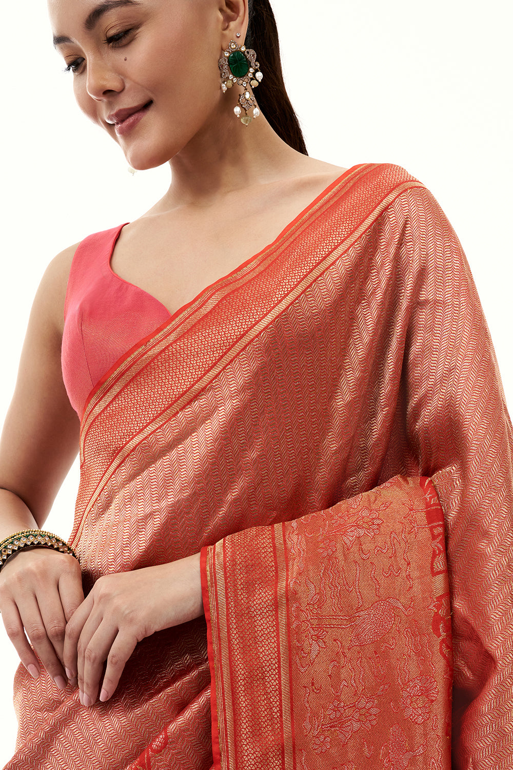 Rust Jacquard Silk Woven Saree with Nature Inspired Motifs