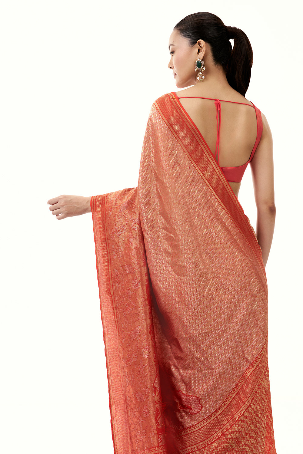 Rust Jacquard Silk Woven Saree with Nature Inspired Motifs