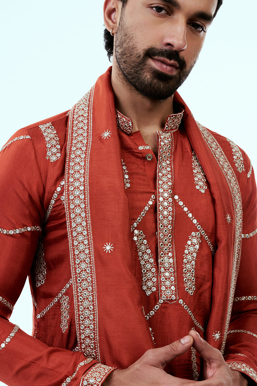 Rust Nokia Silk Mens Kurta Set with Mirror Work and Embroidered Dupatta