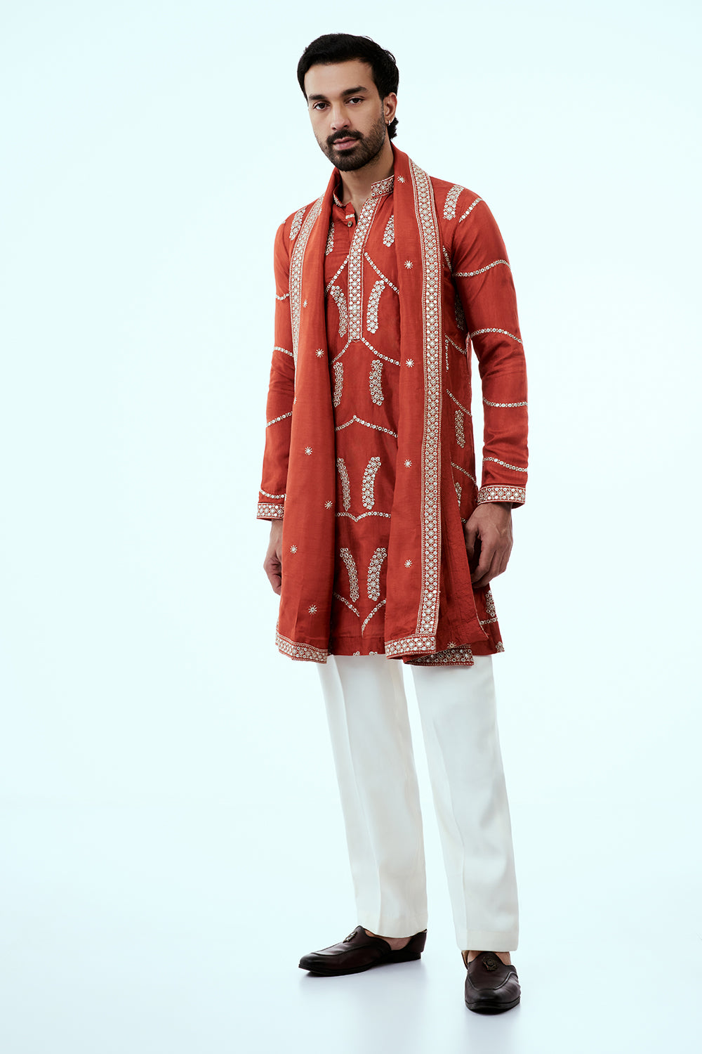 Rust Nokia Silk Mens Kurta Set with Mirror Work and Embroidered Dupatta